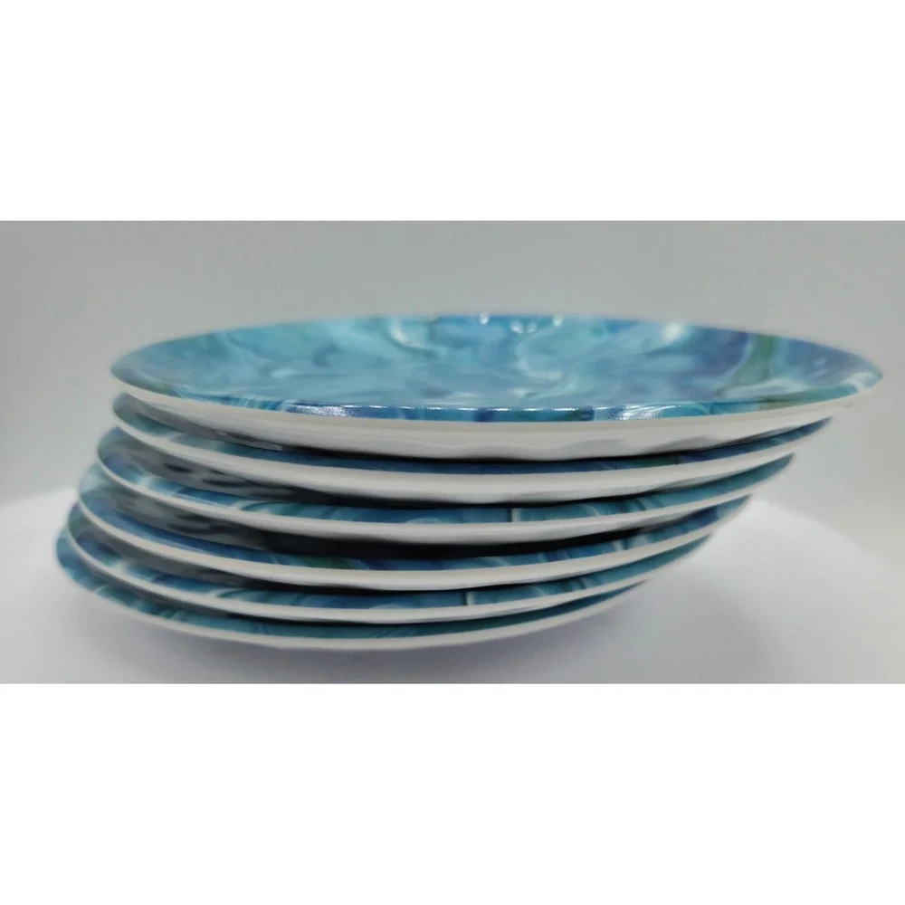 Certified International Fluidity Melamine Appetizer Plates Blue Marble Set‎ of 6